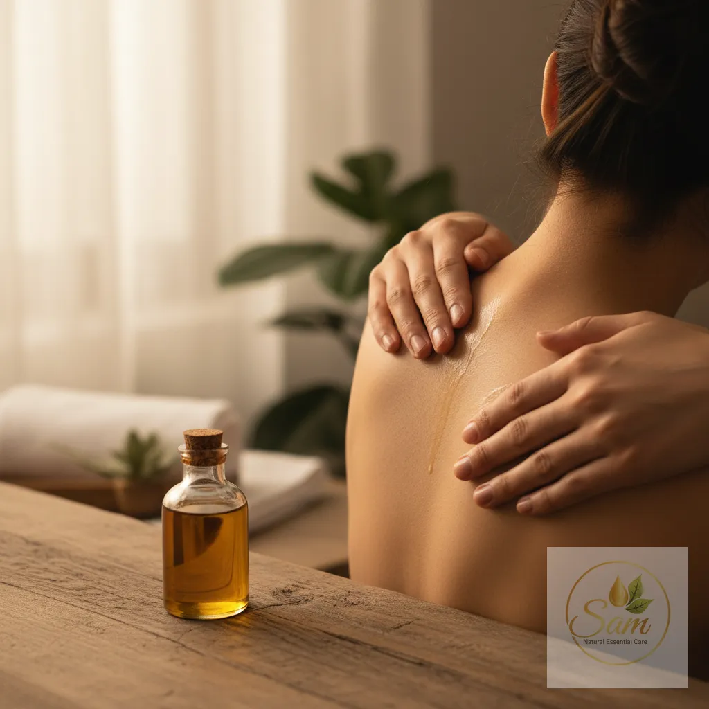 Bàn tay xoa một lượng nhỏ dầu nóng thảo mộc lên vùng cổ vai gáy để thư giãn