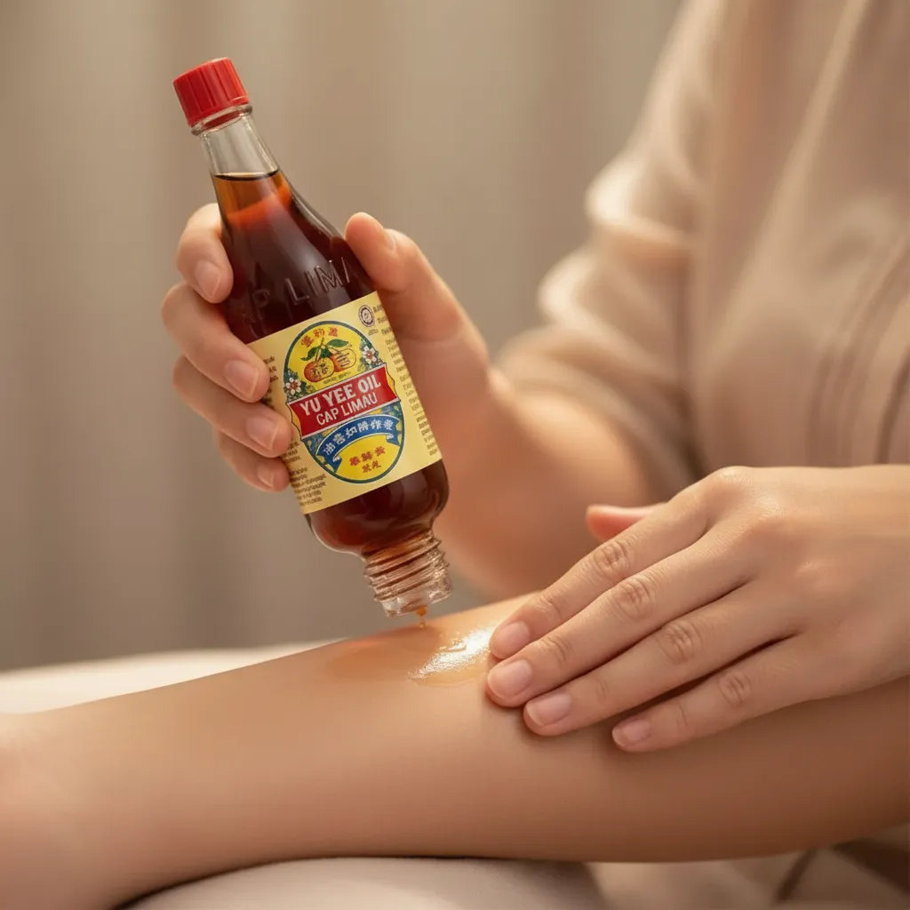 Mẹ đang thoa Yu Yee Oil lên vùng đau