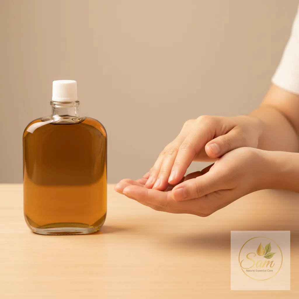 Bàn tay xoa ấm dầu nóng trước khi thoa lên vùng thắt lưng