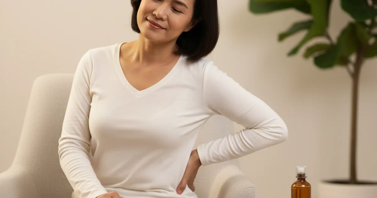 Người lớn tuổi tự xoa bóp vùng thắt lưng tại nhà với lọ dầu nóng đặt bên cạnh