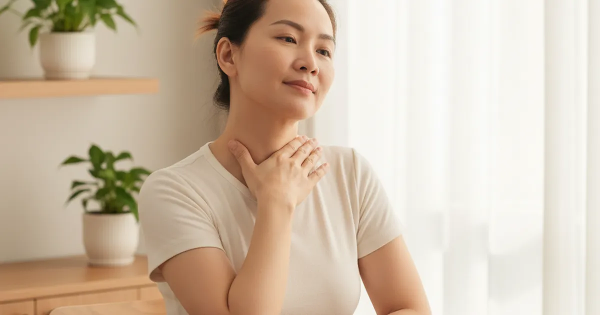 Người ngồi tự massage cổ vai gáy tại nhà với lọ dầu nóng đặt bên cạnh