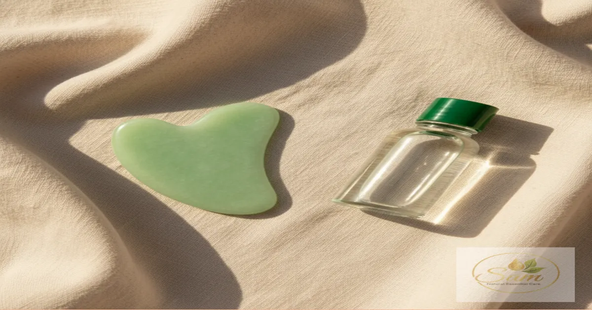 Bộ dụng cụ cạo gió gua sha và chai dầu gió Singapore đặt trên khăn sáng