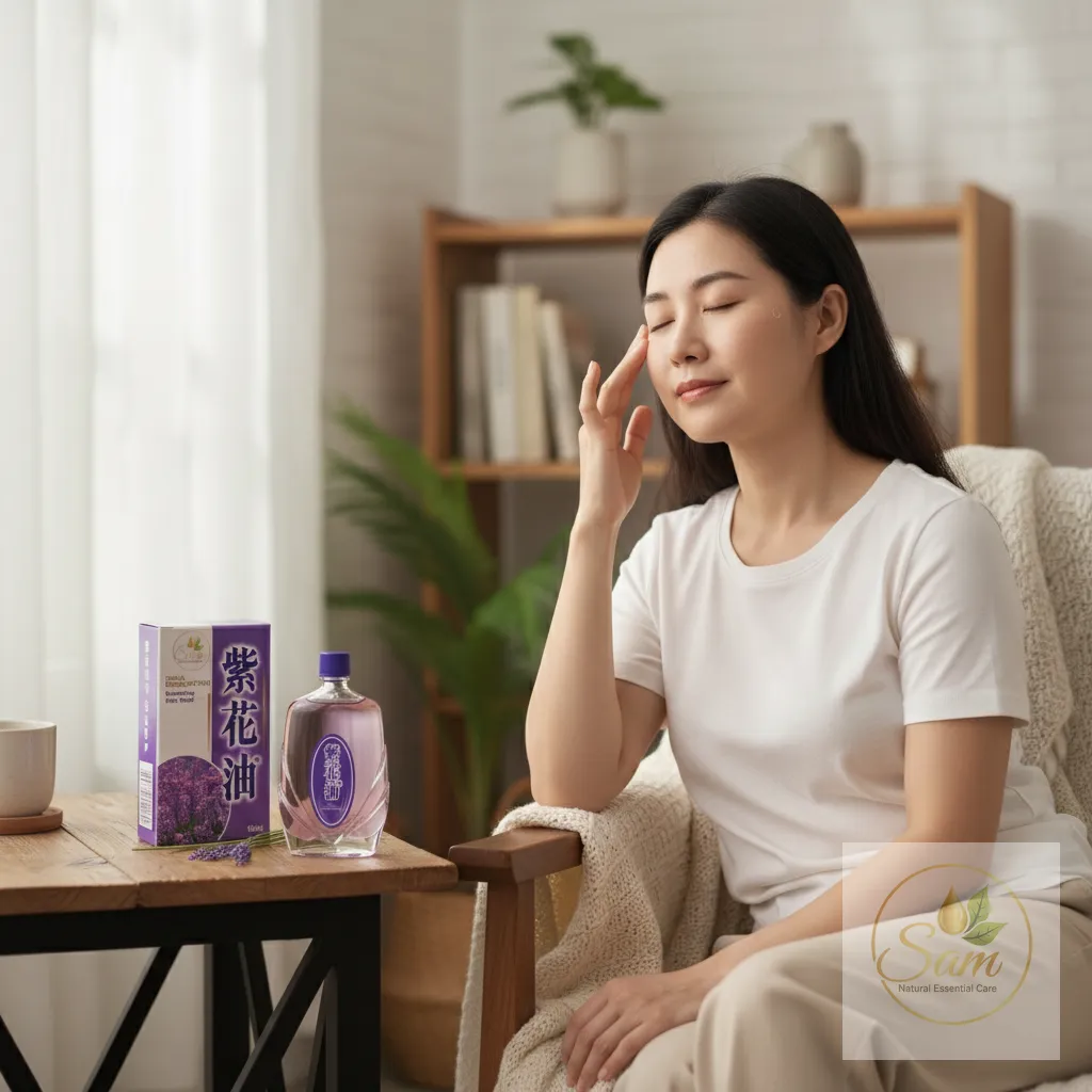 Xoa nhẹ Dầu Hoa Tím Zihua lên thái dương để thư giãn