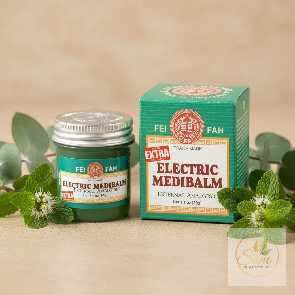 Fei Fah Medibalm bên cạnh lá khuynh diệp và bạc hà — minh hoạ thành phần thảo dược