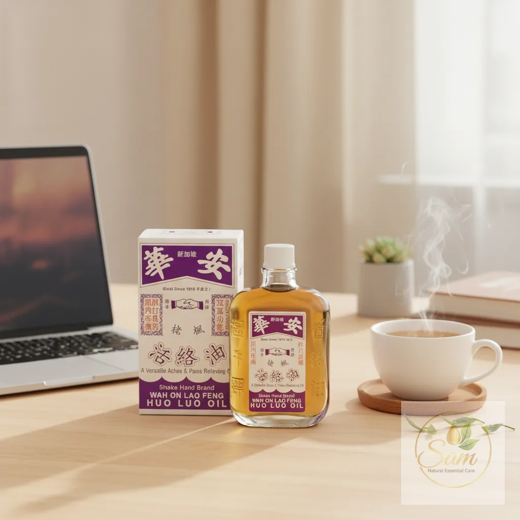 Huo Luo Oil chai thuỷ tinh trên bàn làm việc cùng laptop và tách trà